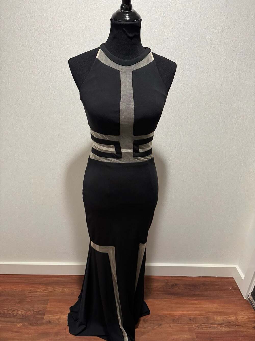 JVN by Jovani Black Halter Sheer Mesh Panel Long Evening Gown Dress
